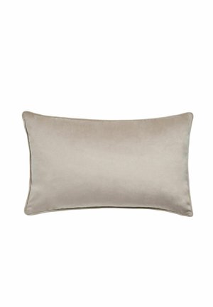 Rectangular beige velvet pillow with piped edges, positioned horizontally on a white background.