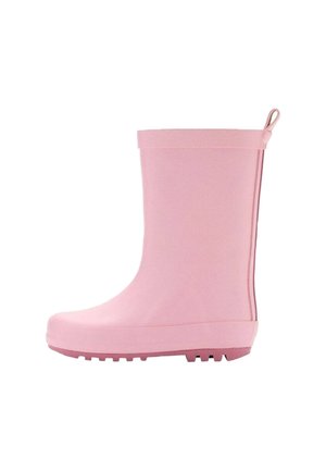 Botte de pluie en caoutchouc rose avec une finition lisse, un bout arrondi et une semelle texturée. Dispose d'une languette à l'arrière pour un enfilage facile.