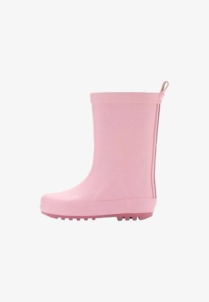 Botte de pluie en caoutchouc rose avec une finition lisse, un bout arrondi et une semelle texturée. Dispose d'une languette à l'arrière pour un enfilage facile.