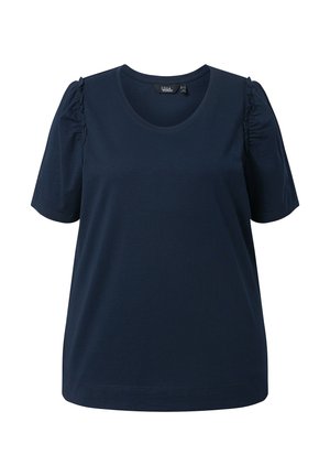 Donkerblauw dames T-shirt met korte mouwen, ronde halslijn en geplooide details op de schoudernaden.