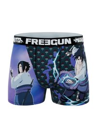 Caleçons boxers pour hommes avec un design graphique comportant des personnages de Naruto, principalement bleu et noir, avec une taille élastique et des imprimés vibrants.