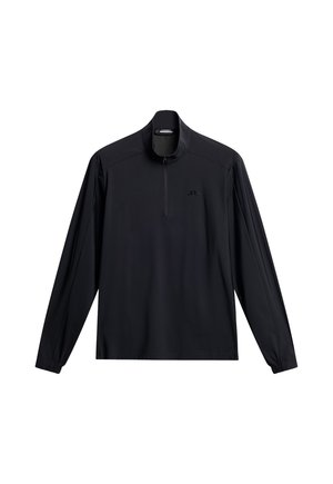 Pullover nero a maniche lunghe con zip a un quarto, realizzato in tessuto leggero. Presenta un logo sul petto e polsini elastici.