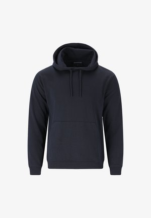 Marinblå huva sweatshirt i ett mjukt tyg, med en framficka, snoddar och ribbade ärmslut och nederkant. Enkel, klassisk design.