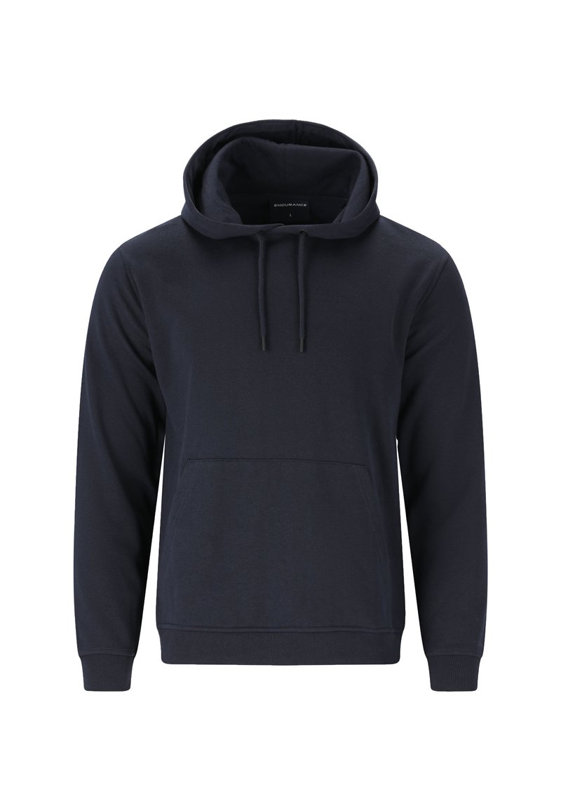 Marineblaue Kapuzenjacke aus weichem Material, mit einer Fronttasche, Kordelzügen sowie gerippten Bündchen und Saum. Einfaches, klassisches Design.