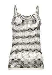 Weißes Tanktop mit dünnen schwarzen Horizontalstreifen, mit einem runden Ausschnitt und dünnen Trägern, gefertigt aus einem strukturierten Strickstoff.