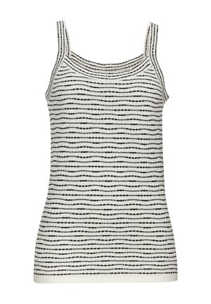 Weißes Tanktop mit dünnen schwarzen Horizontalstreifen, mit einem runden Ausschnitt und dünnen Trägern, gefertigt aus einem strukturierten Strickstoff.