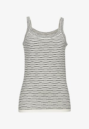 Débardeur blanc avec de fines lignes horizontales noires, doté d'un décolleté en scoop et de fines bretelles, fabriqué en tissu tricoté texturé.