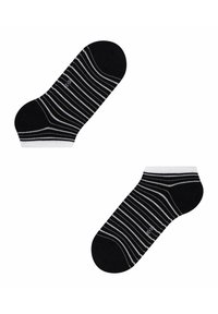 Schwarze Knöchelsocken mit weißen und grauen horizontalen Streifen, ausgestattet mit einer verstärkten Zehenpartie, elastischem Bündchen und weichem Stoff.