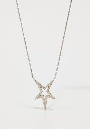 Silver star pendant necklace with a chain, featuring a textured surface adorned with small, sparkly gems, creating a diamond-like effect.