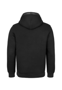 Felpa nera con cappuccio a maniche lunghe, caratterizzata da una texture liscia e polsini a coste, che mostra un design pulito e minimalista visto da dietro.