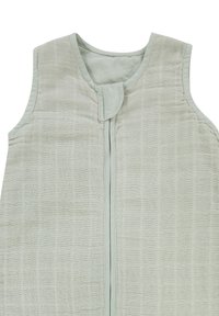 Light green sleeveless garment with a textured, grid-patterned fabric. Features a rounded neckline and a front zip closure.