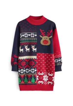 Julesweaterkjole til knæet med rød krave, rensdyransigt, træer, hjerter, snefnug og festlige patchworkmønstre i rød, grøn og marineblå.