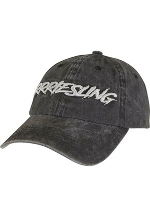 Black denim cap with a curved brim, featuring white embroidered text on the front. Soft texture with a slightly worn look.