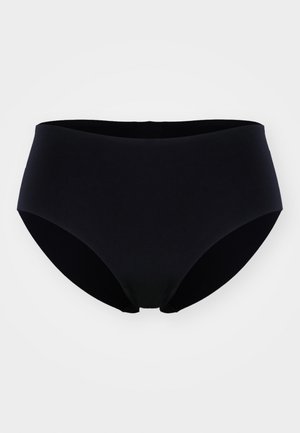 Crni bikini donji dio s visokim strukom izrađen od glatkog, rastezljivog materijala. Ima bešavni dizajn i punu pokrivenost s bočnih strana i leđa.