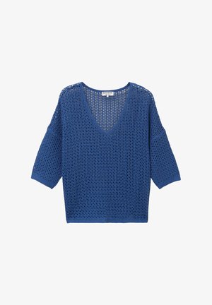 Pull en maille bleu pour femmes avec col en V et manches trois-quarts, présentant un motif en maille ouverte ainsi que des poignets et un ourlet côtelés.