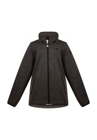 Chaqueta de forro polar negra y gris con un cuello alto, cremallera frontal completa y dos bolsillos laterales. Textura suave, sin patrones visibles y hardware mínimo.