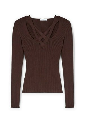 Haut à manches longues en ribbed, de couleur marron foncé avec un design de décolleté croisé. Présente une silhouette ajustée et une texture douce.