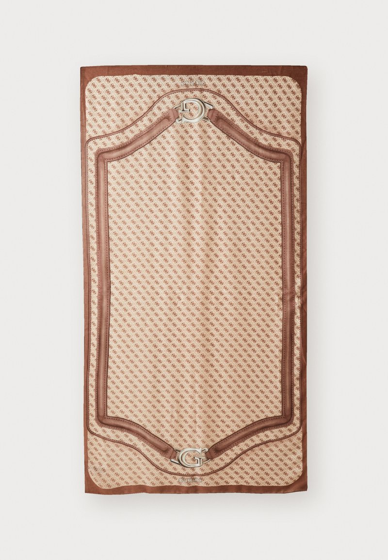 Écharpe à motifs en soie et satin, présentant un fond crème avec des motifs géométriques bruns, bordée d'un liseré marron lisse et d'accents de logo.