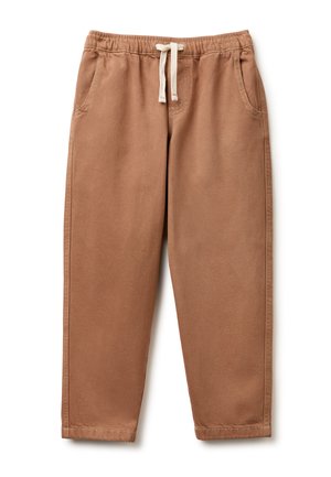 Pantaloni casual marroni con vita elastica e coulisse bianca, dotati di tasche laterali e gambe dritte.