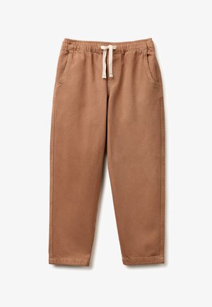Braune Freizeithose mit elastischem Bund und weißem Kordelzug, mit Seitentaschen und geraden Beinen.