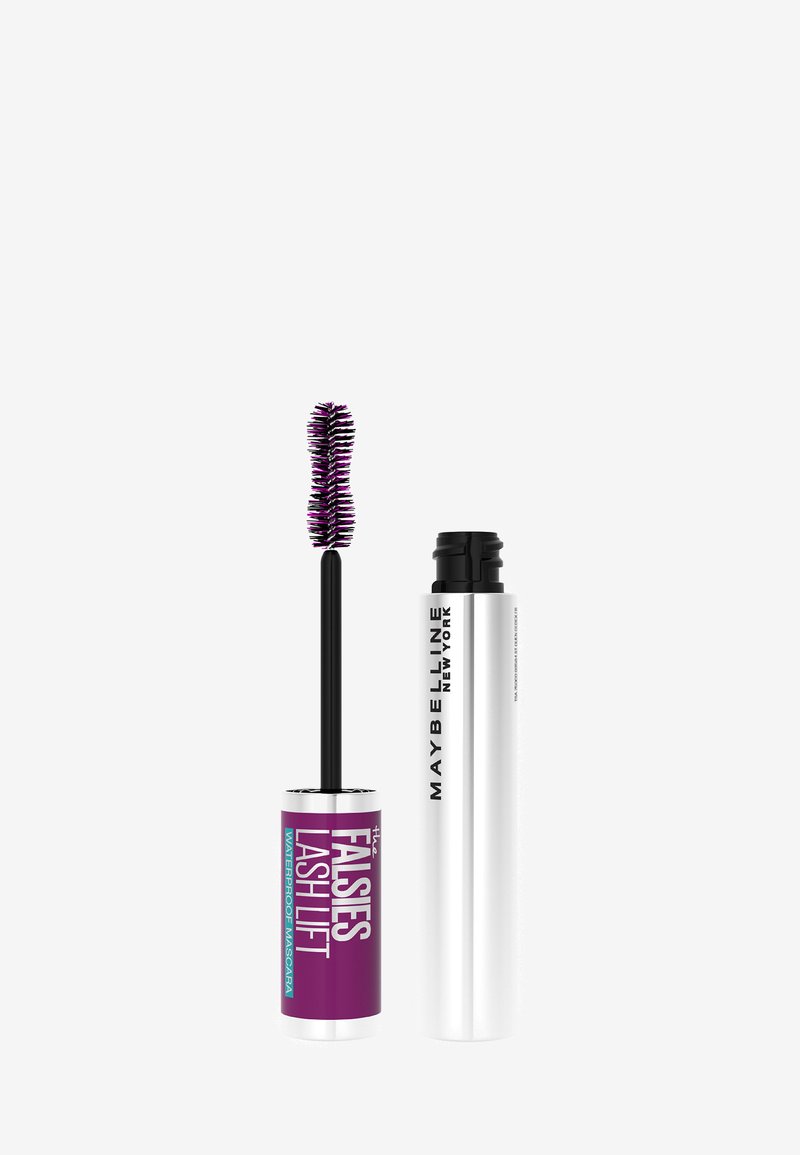 Lila cylindrisk mascara-tub med etikett "Falsies Lash Lift" och ett vridbart silverlock; inkluderar en tjock, formad borste med lila borst.