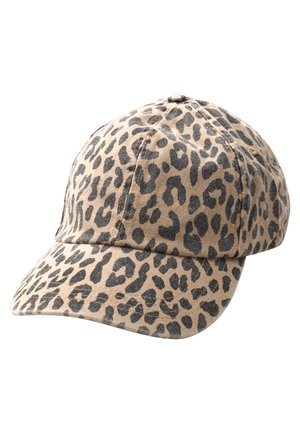 Baseballkasket med beige stof og mørkebrun leopardprint mønster, der viser front- og sidepaneler med buet skygge.