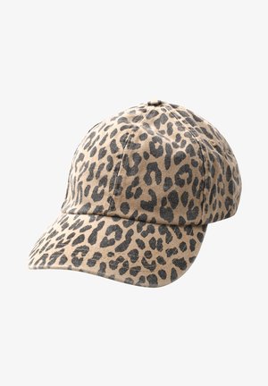 Baseballkasket med beige stof og mørkebrun leopardprint mønster, der viser front- og sidepaneler med buet skygge.