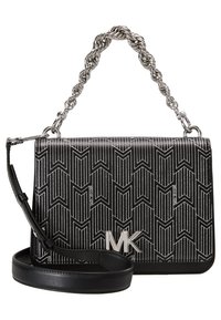 Borsa a tracolla nera con motivo, dettagli in argento; presenta un design geometrico, manici in catena e pelle, chiusura magnetica e dettagli con logo.
