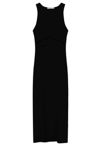Robe noire sans manches avec une découpe au niveau du ventre, texture côtelée et silhouette droite, tombant sous le genou avec une fente sur le côté.