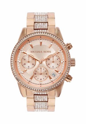 Rose gold Michael Kors watch with crystal accents, three subdials, date window at 4 o'clock, and a linked bracelet band with crystals.