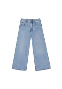 Jeans in denim azzurro chiaro a gamba larga con vita alta, cinque tasche, rivetti in rame e orlo pulito. Il tessuto ha una finitura liscia e leggermente testurizzata.