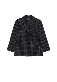 Czarna i granatowa marynarka w kratę z dwurzędowym zapięciem, kołnierzem z klapami i dwoma przednimi kieszeniami. Charakteryzuje się kontrastującymi pomarańczowymi i białymi liniami.