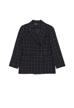 Czarna i granatowa marynarka w kratę z dwurzędowym zapięciem, kołnierzem z klapami i dwoma przednimi kieszeniami. Charakteryzuje się kontrastującymi pomarańczowymi i białymi liniami.