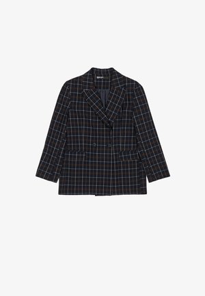 Czarna i granatowa marynarka w kratę z dwurzędowym zapięciem, kołnierzem z klapami i dwoma przednimi kieszeniami. Charakteryzuje się kontrastującymi pomarańczowymi i białymi liniami.