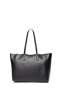 Velká černá taška typu tote z texturované umělé kůže. Má dvě pevné rukojeti a nahoře zapínání na druk.
