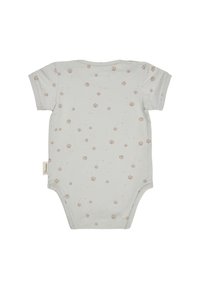 Light grey baby onesie with short sleeves, covered in small beige paw prints and a fabric brand tag on the left side seam.