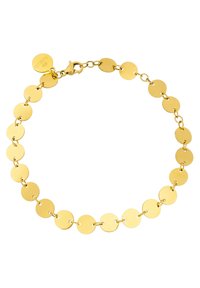 Goldarmband mit gleichmäßig verteilten, polierten, runden Gliedern. Jedes Glied ist mit einer feinen Kette verbunden und mit einem Karabinerverschluss gesichert.