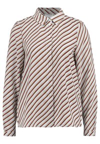 Long-sleeve button-up shirt in white with red and brown diagonal stripes; features a collar and textured fabric with subtle patterns.