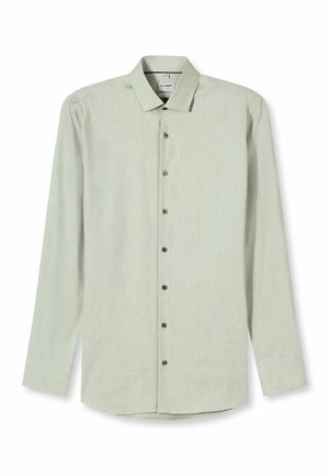 Hellgrünes langärmliges Hemd aus strukturiertem Stoff, mit klassischem Kragen, sechs Knöpfen vorne und knöpfbaren Manschetten.