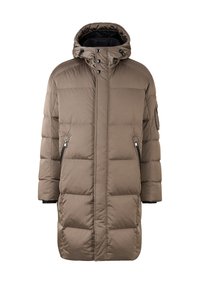 Beige gevoerde parka met capuchon, voorzien van een ritssluiting, zijzakken en ribgebreide manchetten, gemaakt van een glad, waterafstotend materiaal.