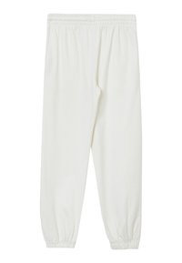 Weiße, elastische Hosen mit schmal zulaufenden Knöcheln, hergestellt aus weichem Material. Verfügt über eine glatte Textur und ein einfaches, schmuckloses Design.