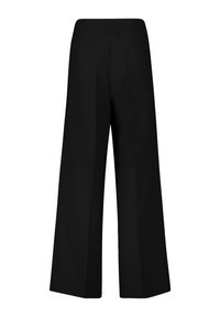 Czarne spodnie szerokie w nogawkach z gładką teksturą, elastycznym pasem i dwiema zaszewkami z tyłu dla lepszego dopasowania. Prosty, minimalistyczny design.