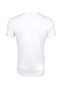 Weißes Baumwoll-T-Shirt, kurze Ärmel, Rundhalsausschnitt, glatte Textur, schlichtes Design, keine Grafiken oder Muster, Rückansicht gezeigt.