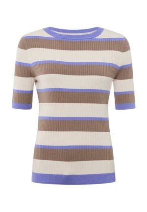 Short-sleeve ribbed top with horizontal stripes in brown, cream, and lavender. Features a crew neckline and textured knit fabric.