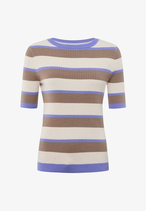 Korte mouw ribbeltop met horizontale strepen in bruin, crème en lavendel. Heeft een ronde halslijn en een geweven textuur.