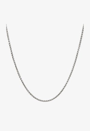 Ezüst színű fémből készült láncnyaklánc, mely egymásba kapcsolódó láncszemekből áll, sima felülettel, klasszikus és tartós megjelenést kölcsönözve.