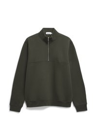 Felpa verde scuro con colletto alto e mezza cerniera. Presenta un tessuto testurizzato, polsini a costine e un logo discreto sul petto.