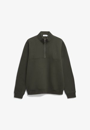 Dunkelgrüner Sweatshirt mit hohem Kragen und einem halben Reißverschluss. Verfügt über einen strukturierten Stoff, gerippte Bündchen und ein dezentes Logo auf der Brust.