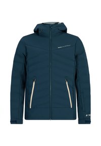 Námornícká páperová bunda s kapucňou, textúrovaná látka, predný zips, dve krémové vrecká so zipsom, logo detail na hrudi a nastaviteľné manžety.