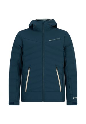 Námornícká páperová bunda s kapucňou, textúrovaná látka, predný zips, dve krémové vrecká so zipsom, logo detail na hrudi a nastaviteľné manžety.